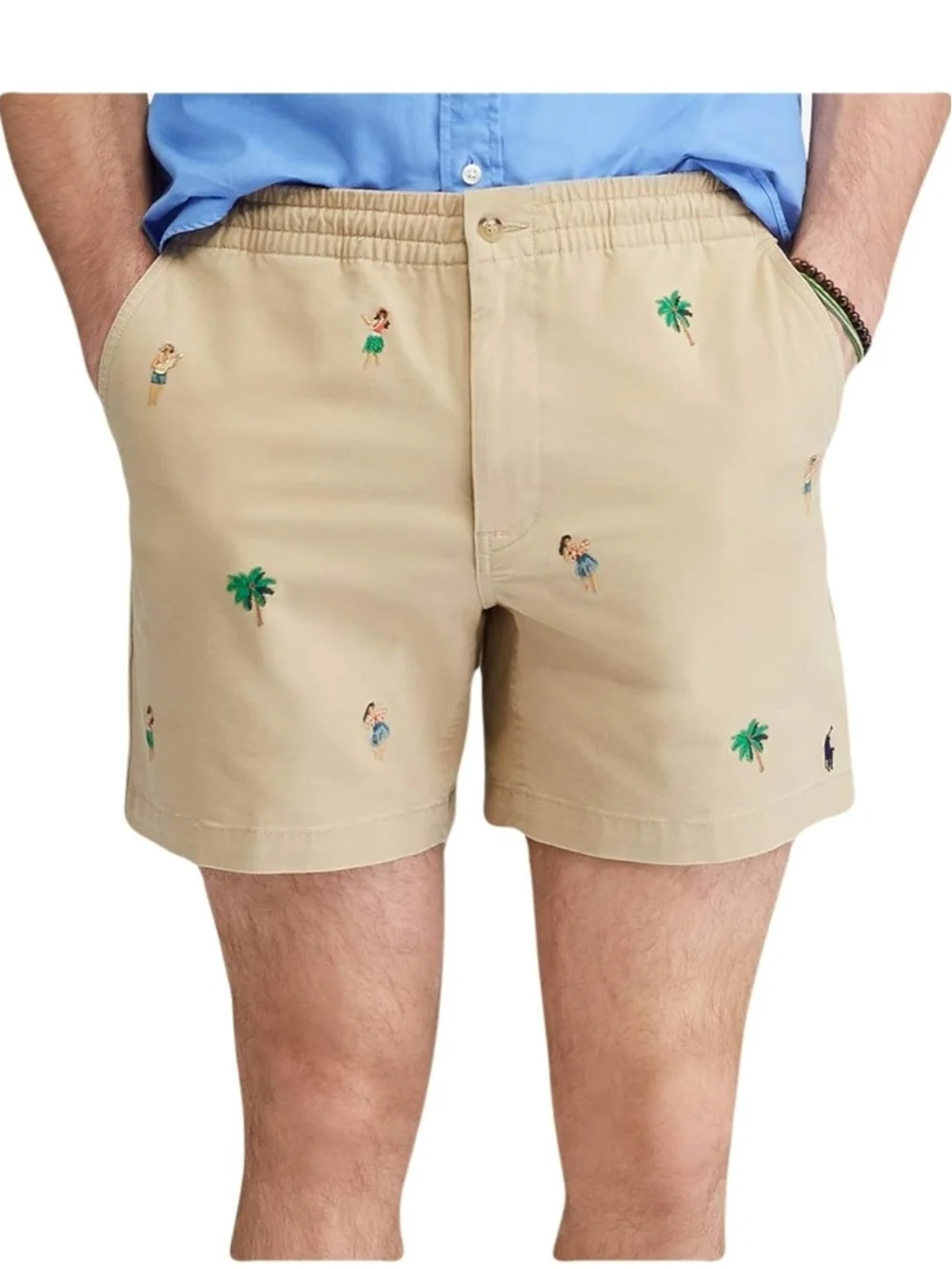Polo Ralph Lauren Embroidered Hawaiian Khaki Elastic Waist Shorts Preppy L